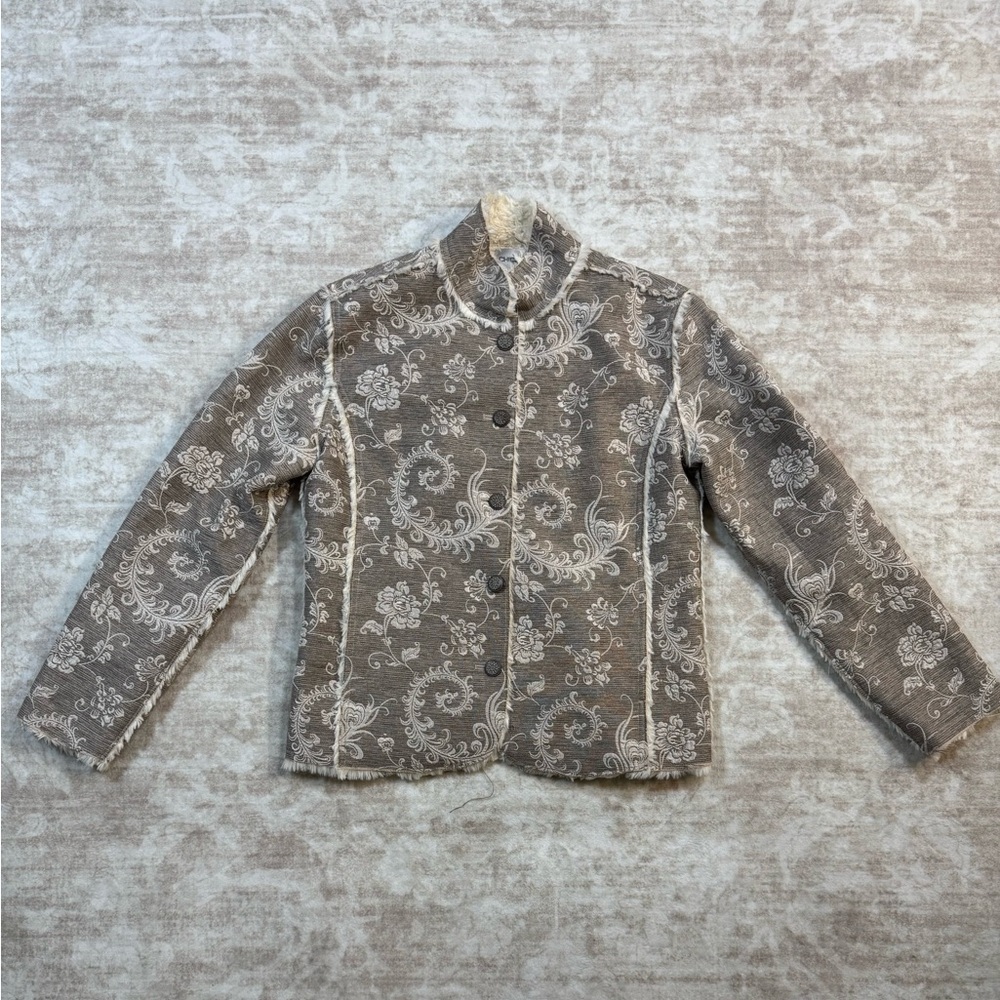 Chico’s Tapestry Jacket Faux‎ Fur Lined Tan Neutral Floral Size 0 XS